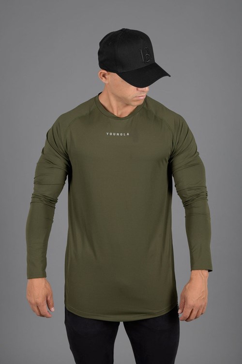YoungLA 441 Performance Line Longsleeve Shirts Olivgrün | 06142-KPUQ
